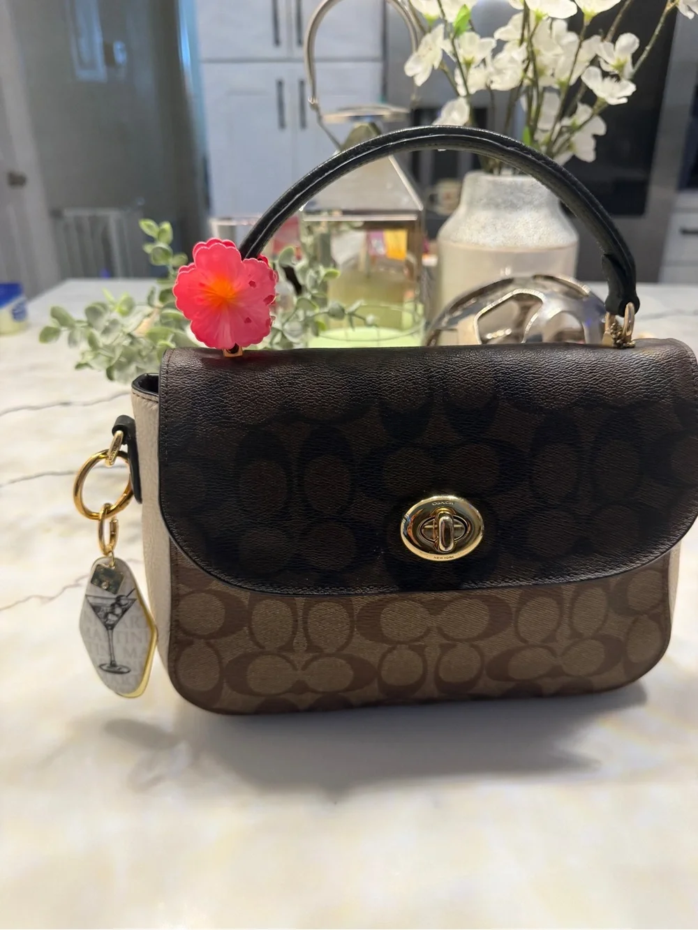 Coach Brown Signature Canvas Satchel with Black Flap and Gold Hardware